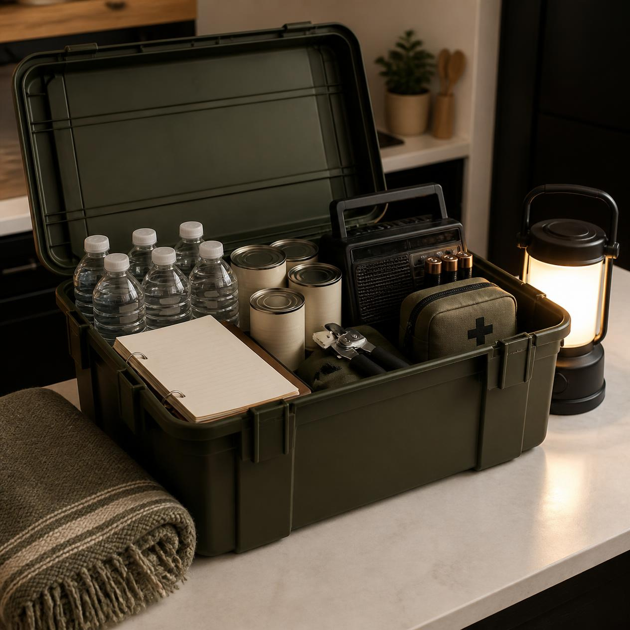 Blackout emergency kit with water, canned food, radio, first aid supplies, and a lantern